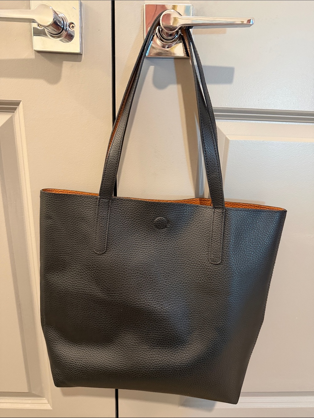 Black Leather Tote Bag with Brown Trim - Women's Shoulder Bag